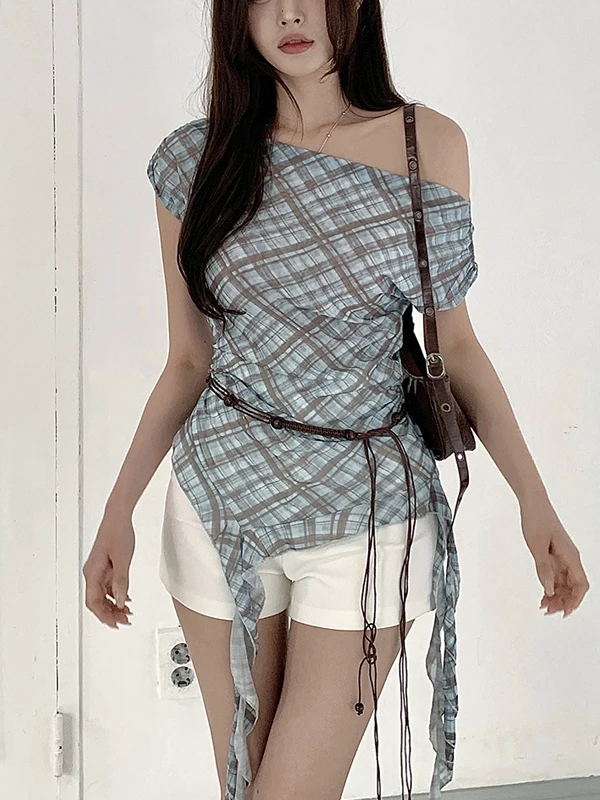 

Korean Sle ort Sve Plaid Asymmetrical Women's T-irt Faionable oulder Bared Pure Desire Waist a Slimming Tr...