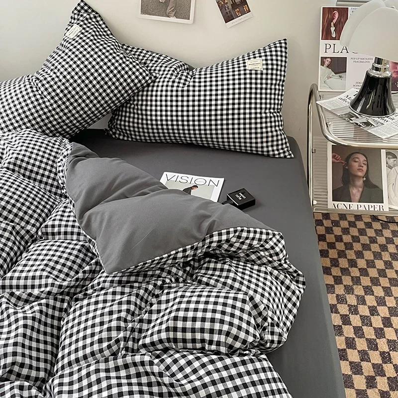 Japanese Style Check Queen Quilt Cover Set 1/3 Pcs Soft Washed Duvet Cover and Pillowcase or Only Duvet Covers Skin-friendly