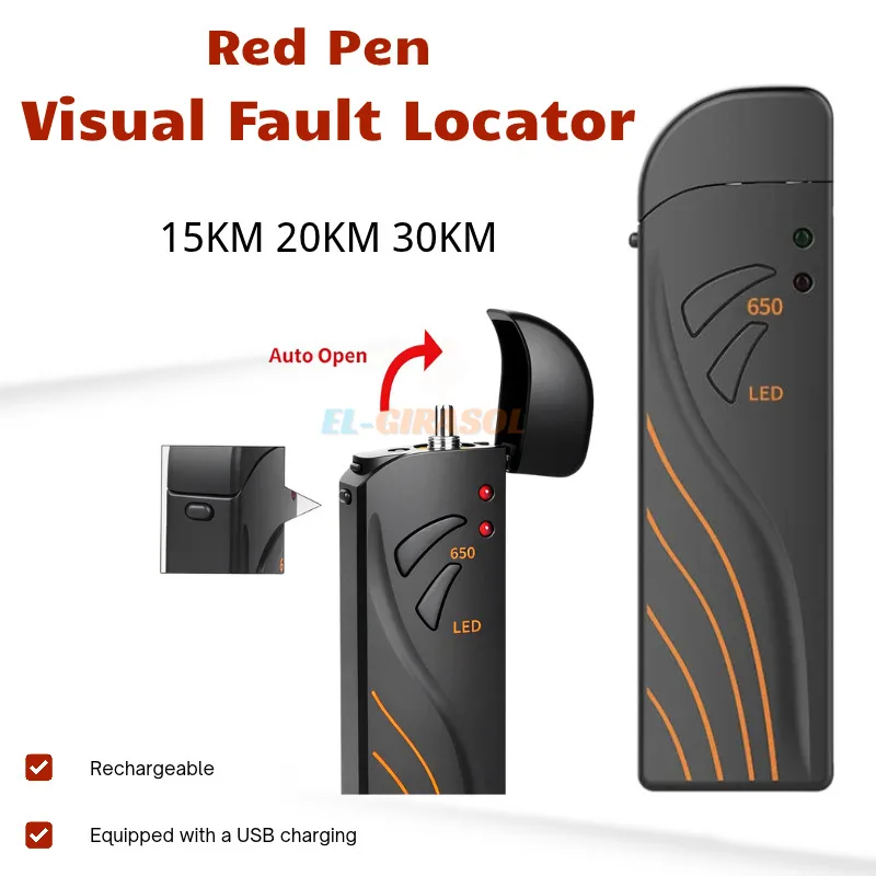 Rechargeable Visual Fault Locator 10km 15mW 30km Fiber Optic Red Light Cable Test Pen VFL for Optical Fiber Breakpoint Detection