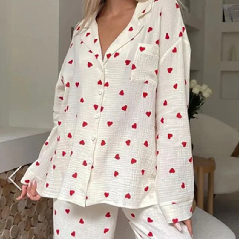

2026 Spring/summer New Heart Printed Women's Home Clothes Pajama Set Loose Long Sleeve Pants Pajamas Comfortable Breathable Soft