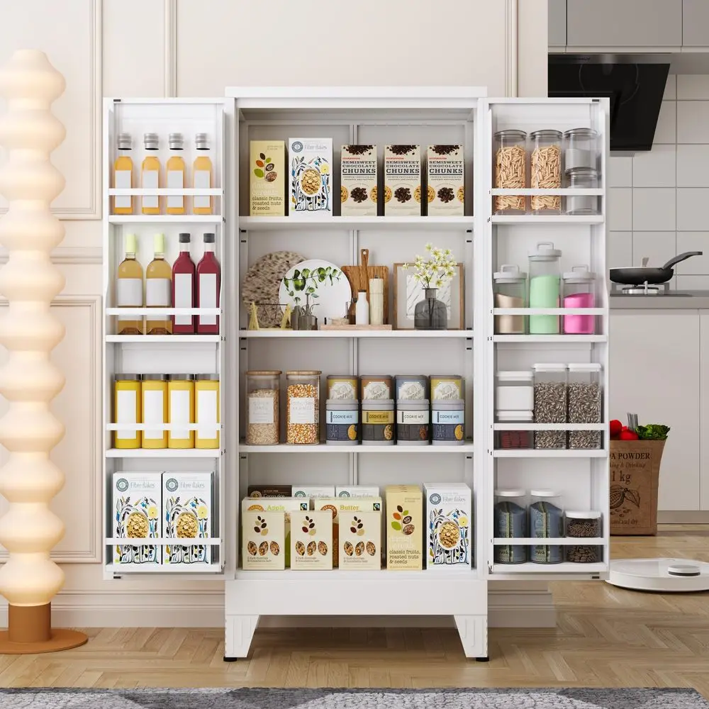 Kitchen Pantry Cabinet, Metal Storage Cabinet with 3 Adjustable Layer Shelves, 8 Door Shelves, Buffet Sideboard for Living Room,
