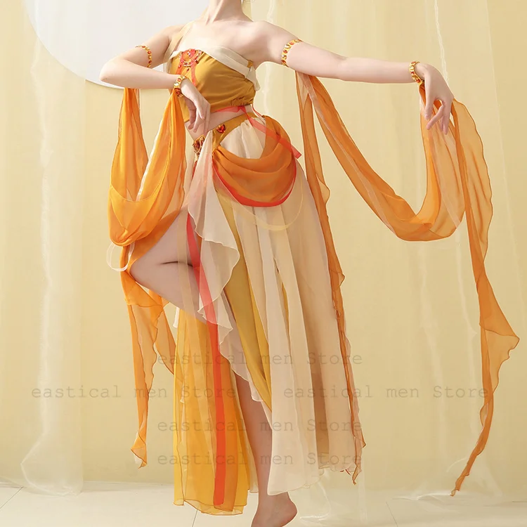 

Sexy Exotic Style Chinese Folk Dance Costume Women Chiffon Celly Dancewear Dunhuang Feitian Hanfu Dress Set Halloween Cosplay