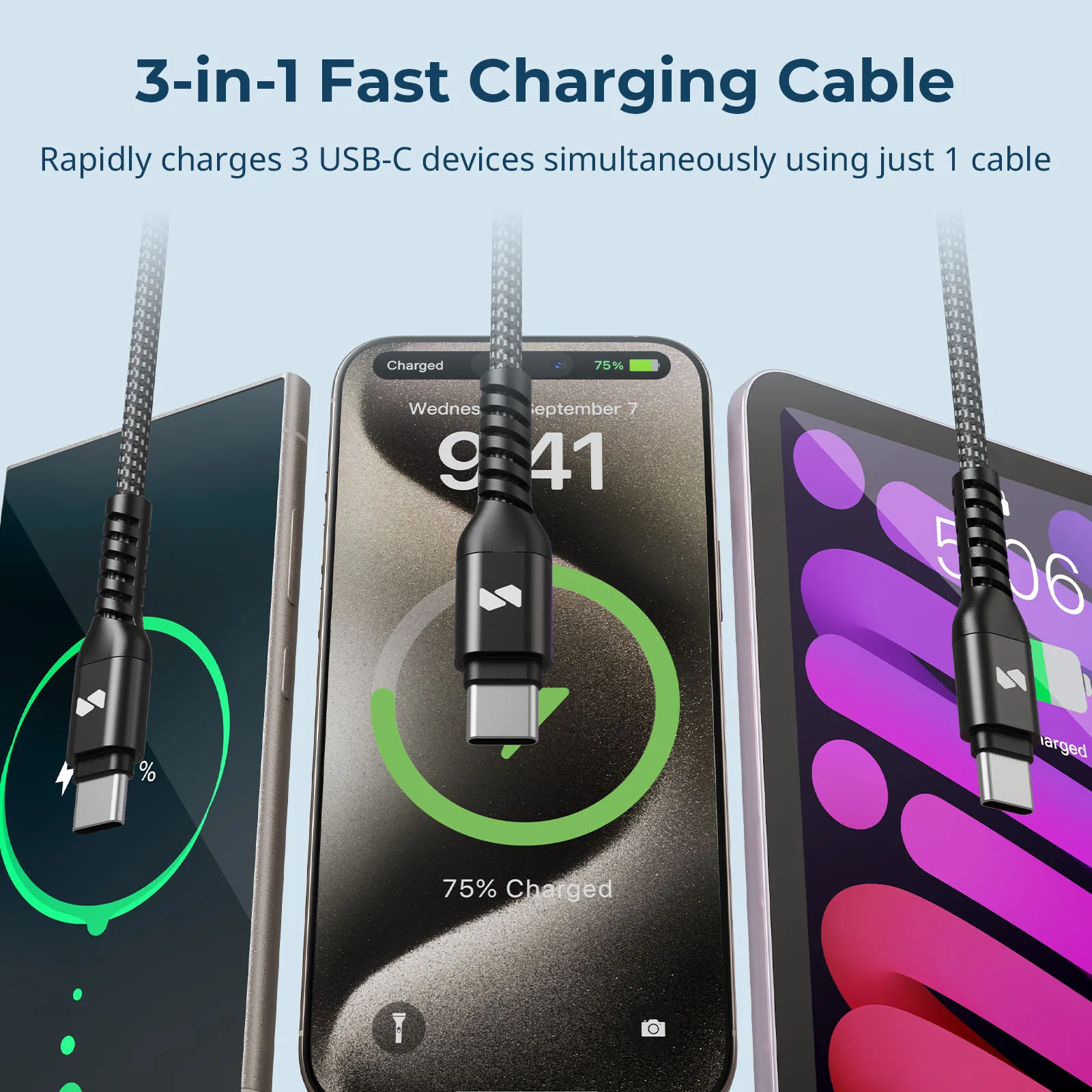 SmallRig 3-in-1 USB-C Power Cable Can Power 3 USB-C Devices 100W Fast Charging Universal Cable for Cameras Phones 5079