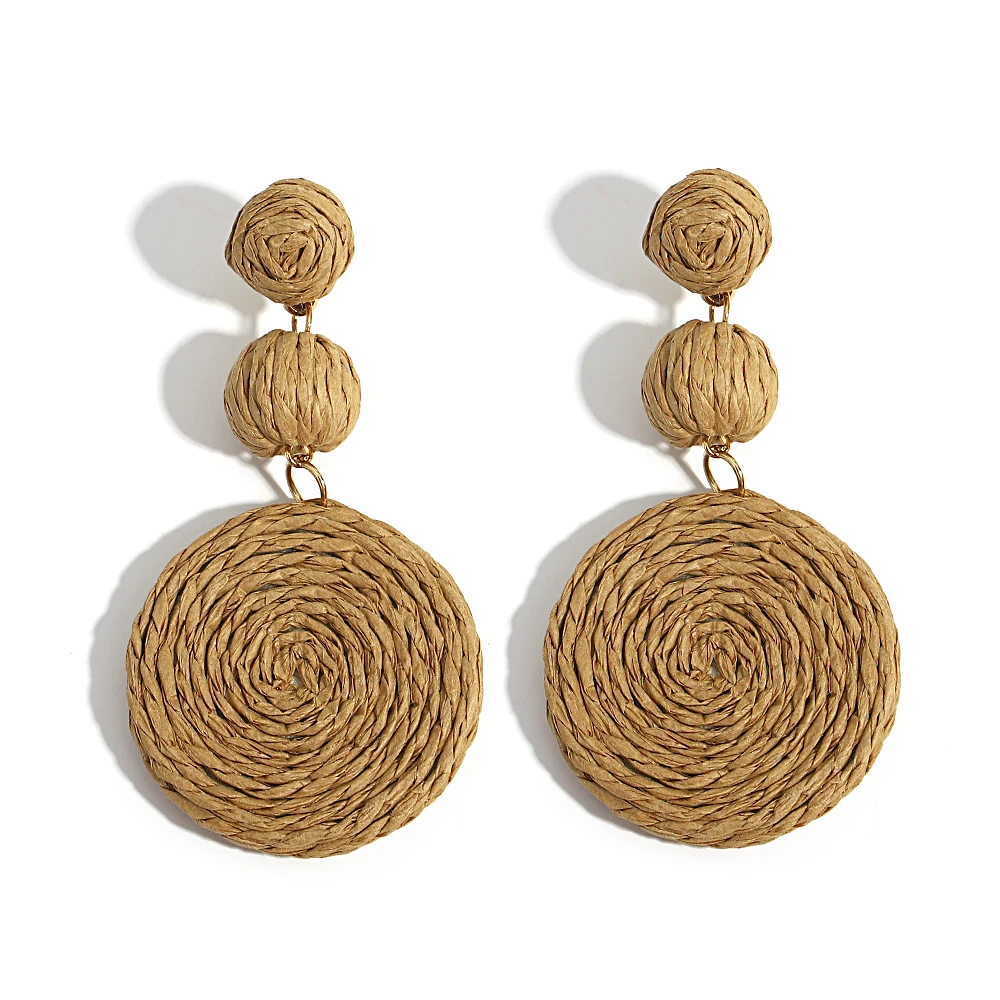 Boho Yellow Raffia Round Drop Earrings for Women