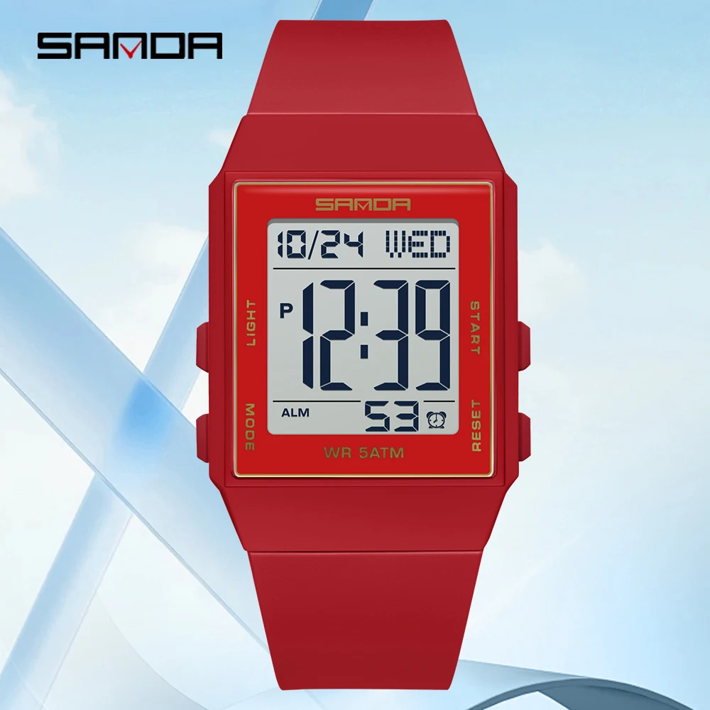 SANDA 2026 Women's Fashion Digital Watch Multi Functional Night Light Timer Calendar Sports 5ATM Waterproof Electronic Watch