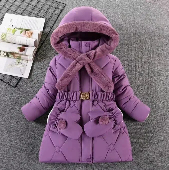 

2023 Winter Thick Warm Girls Jackets Long Style Hooded Outerwear For 5-12 Years Girl Outdoor Kids Windbreaker Coat With Gloves