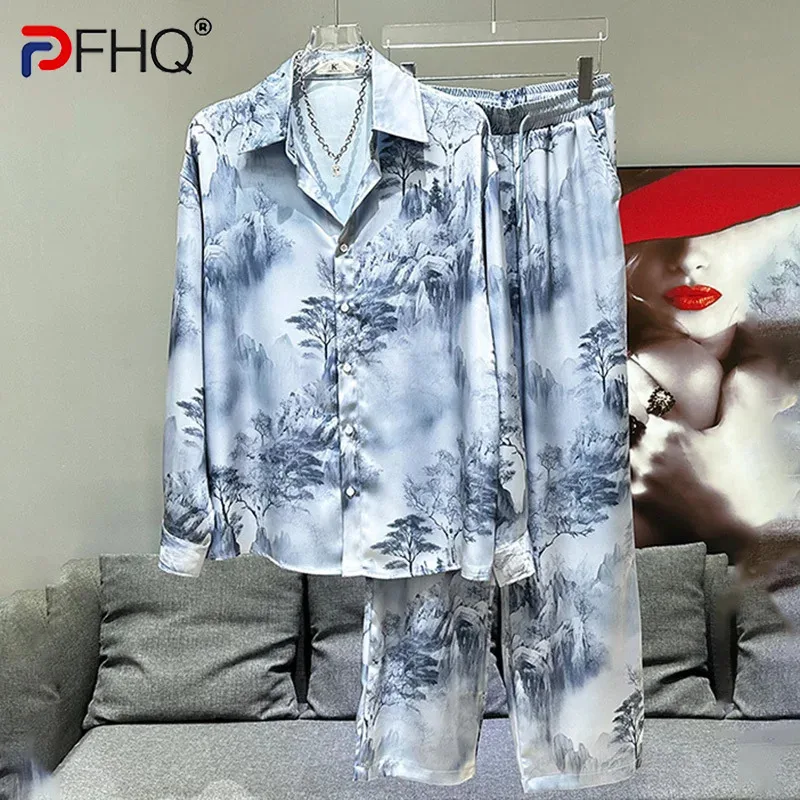 

PFHQ Men's Summer Shirts Set New Landscape Painting Print Casual Fashion Chinese Design Versatile Male Drawstring Pants 21Z4514