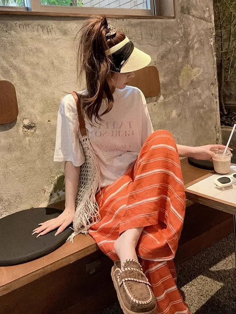 

Летний наряд Sli, новинка 2025, корейская белая футболка, льняные широкие брюки, комплект из двух предметов, модный женский ансамбль