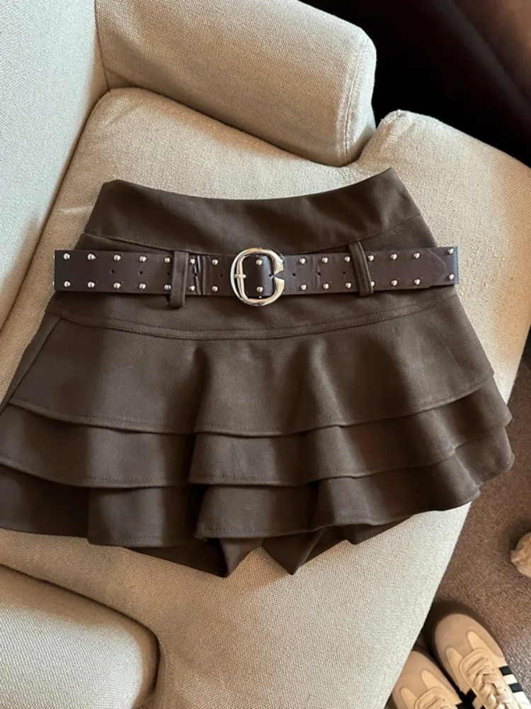 양모 하이웨이스트 케이크 스커트 여성용 가을 겨울 레이어드 레이스 A라인 스커트 안티라이트 스커트 팬츠 벨트 포함