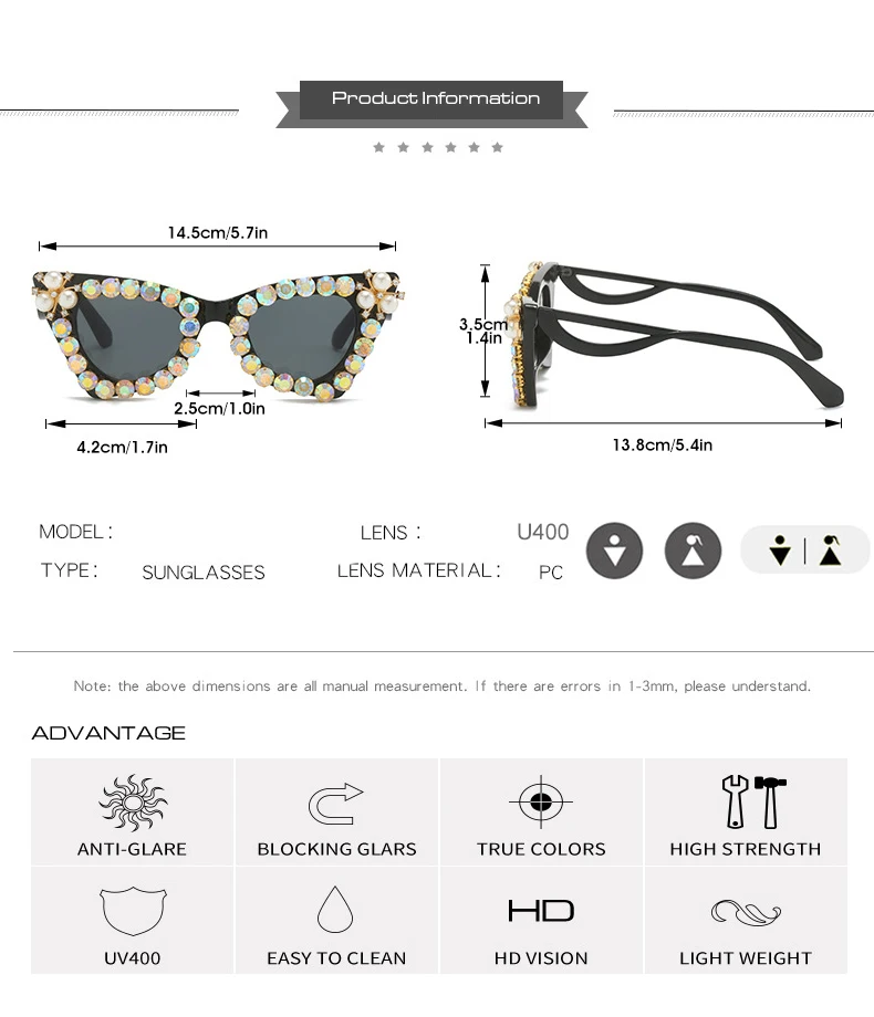 Glänzende Diamanten Cat Eye Sonnenbrille Frauen Luxus Perle Trends Punk Sonnenbrille weibliche Schatten UV400 Gradient Strass Brille – Detail 4