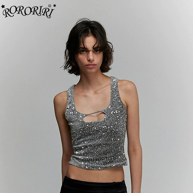 

RORORIRI Grayu Cut-out Sparkle Sequin Tank Top Women Summer Scoop Neck Sleeveless Vest Stretch Slim Crop Top Vintage Y2k Clothes