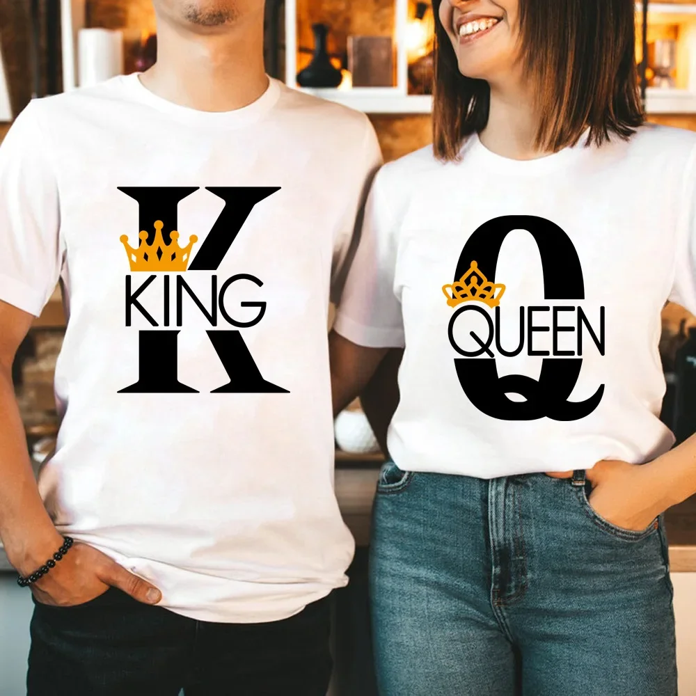 Valentine's Day King Queen Crown Print Lovers T Shirt Couple Short Sleeve O Neck Loose Tshirt Summer Women Man Tee Shirt Tops