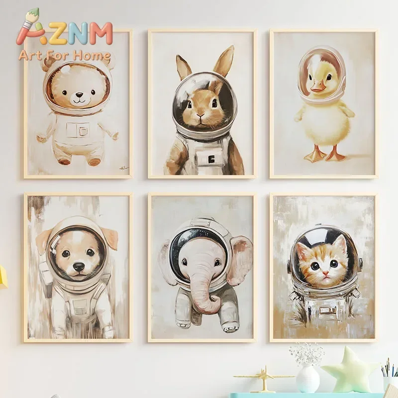 AZNM Cute Astronaut Animal Canvas Wall Art Bear Rabbit Duck Dog Elephant Cat Space Suit Print Poster for Kids Nursery Bedroom Ho