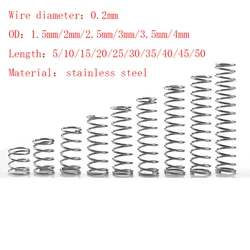 Micro resorte de compresión pequeño de acero inoxidable, 0,2mm, OD 1,5/2/2, 5/3/3, 5/4mm de longitud, 5mm a 50mm, 20 unidades por lote