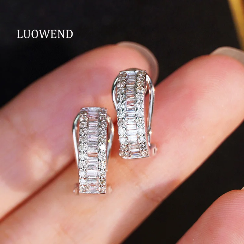 LUOWEND 100% 18K White Gold Earrings 0.50carat Real Natural Diamond Hoop Earrings for Women Fashion INS Style High Party Jewelry