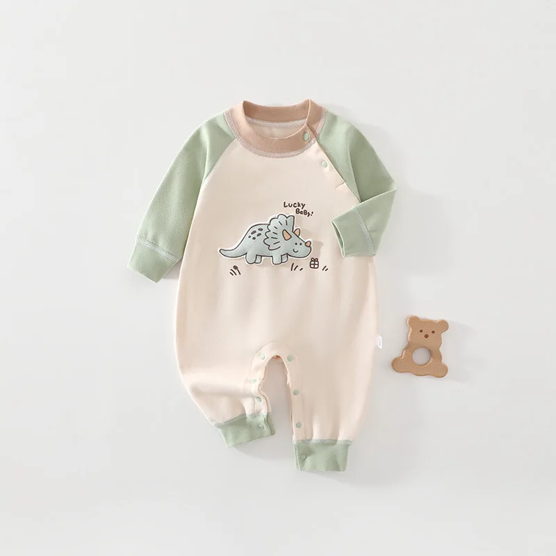 Neugeborenen-Baby-Strampler mit Dinosaurier-Print, weicher Baumwoll-Langarm-Body mit Druckknöpfen an den Schultern, Unisex für Frühling und Herbst, 0-18 Monate, leicht anzuziehen – Detail 10