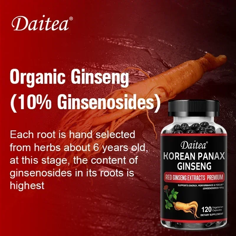 Organic Korean Red Ginseng 1000 mg - 10% Ginsenosides, Memory & Energy, Suitable for Adults Men & Women