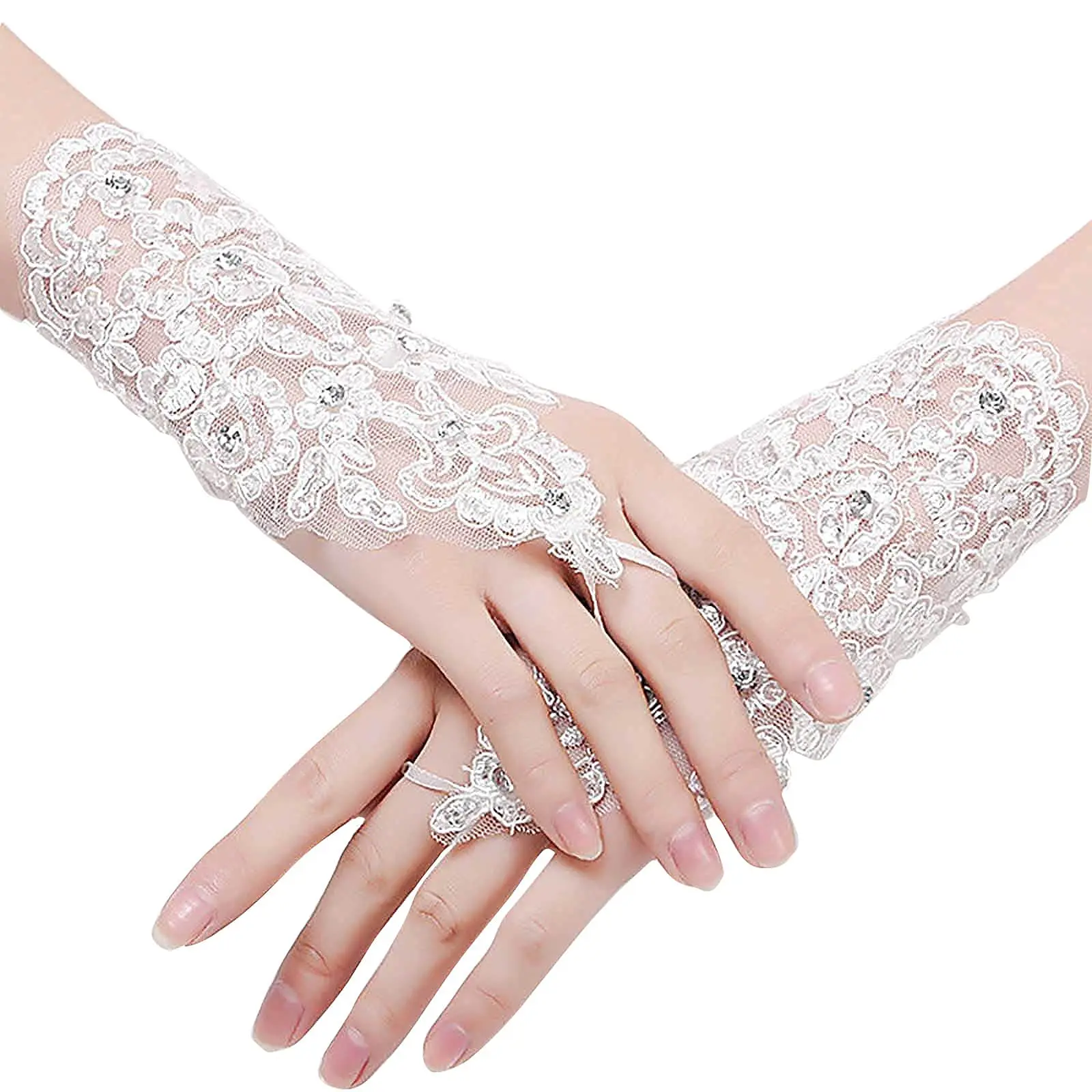 

Wedding Bride Lace Gloves Fingerless Bridal White Rhinestone Short Party Prom Accessories for Women and Brides