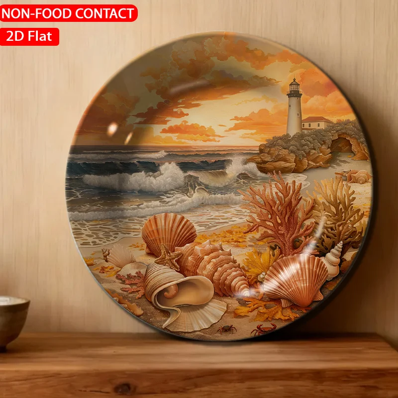 1pc Coastal Seashell Coral Sunset Ceramic Plate Non-food Contact, Home Desk Ornaments, Living Room and Bedroom Decorations,