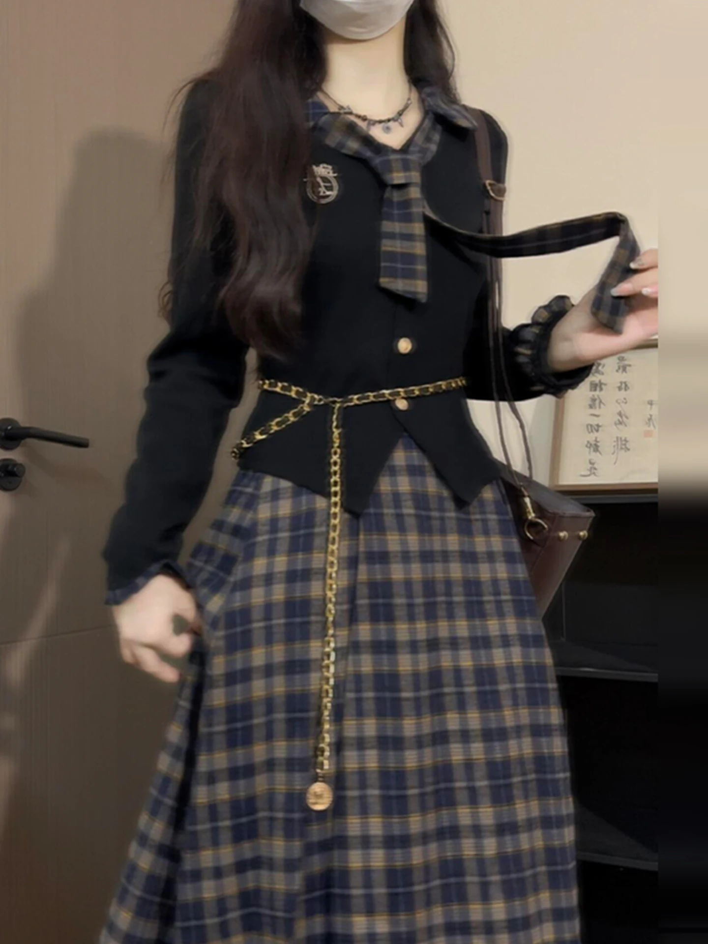 

Korean College Sle Bla Plaid Dr Women's New Early Autumn High-End Feeling Clete Set Sweet Sle A-Line Skirt Dr