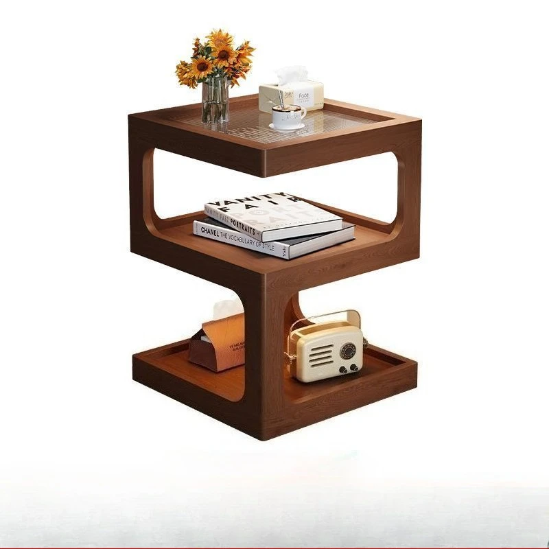 Bedside Table Furniture with Frosted Glass Top & Rattan, Magnetic Sensor LED Light 3-Tier Storage Cabinet Modern Home Decor