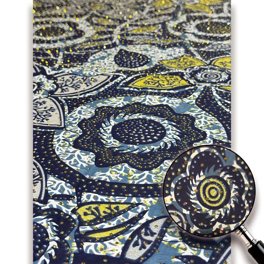 

Hot Popular African Rhinestones Wax Fabric For Party Dress, Cotton Ankara Golden Tissu Wax with Full Rhinestones 6yards N5-410-2