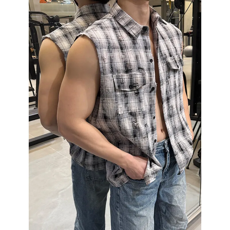 Sleeveless shirt men Trendy Men Plaid Shirt 2025 Summer Fashion Checkered Streetwear Hot Sale Breathable Casual Top Comfortable