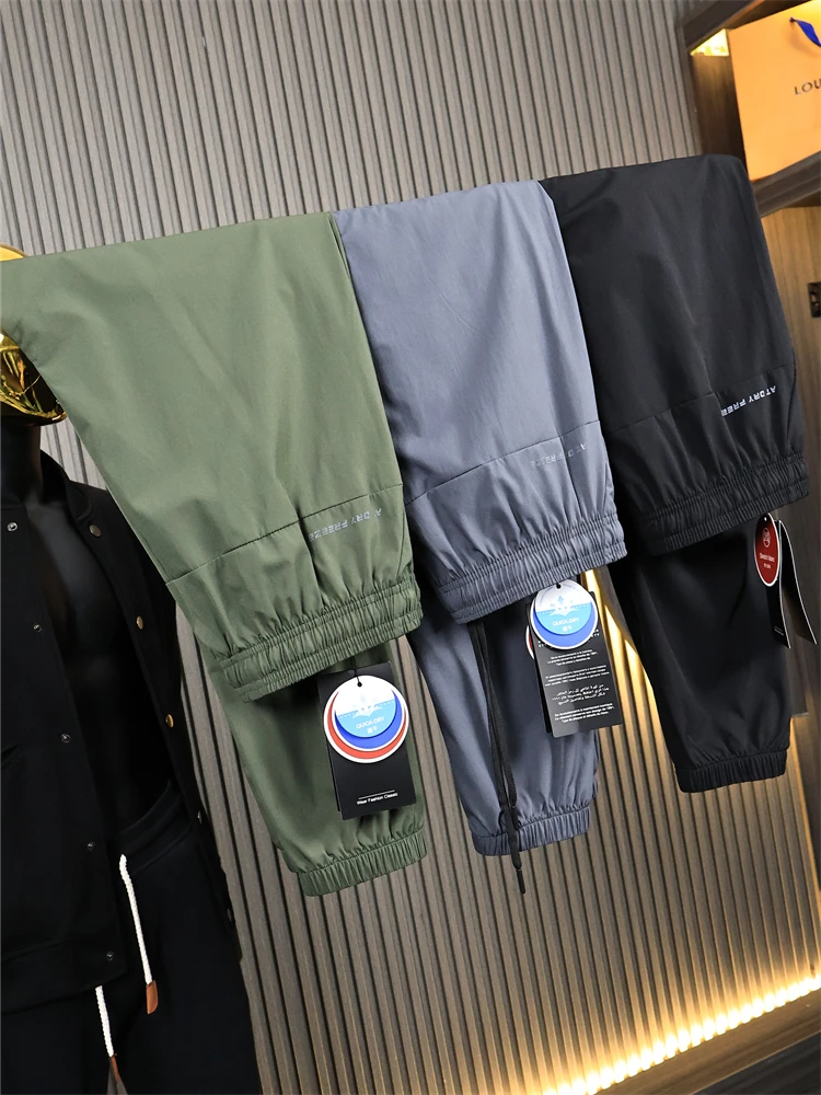 

Мужские летние тонкие спортивные брюки на открытом воздухе, эластичные впитывающие пот повседневные брюки, свободные длинные брюки, однотонные молодежные брюки