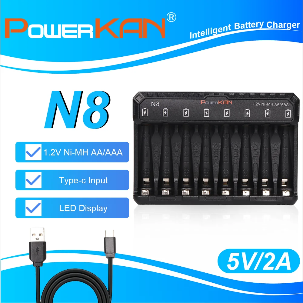 POWERKAN N8 Battery Charger with LED Display for 8 1.2V Ni-MH Ni-Cd AA AAA Rechargeable Batteries USB-C 5V 2A
