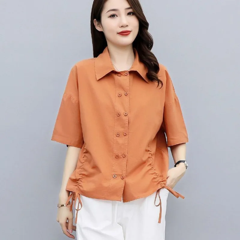 Street Casual Drawstring Blouse Summer New Short Sleeve Button Solid Polo Neck Office Shirt Tops Vintage Fashion Women Clothing