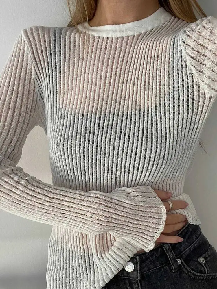 

2026 Ribbed See-Through Knit Female Hollow Out Slim Solid Long Sleeve Top Sheer Casual Knitwear Ladies Pullover Summer