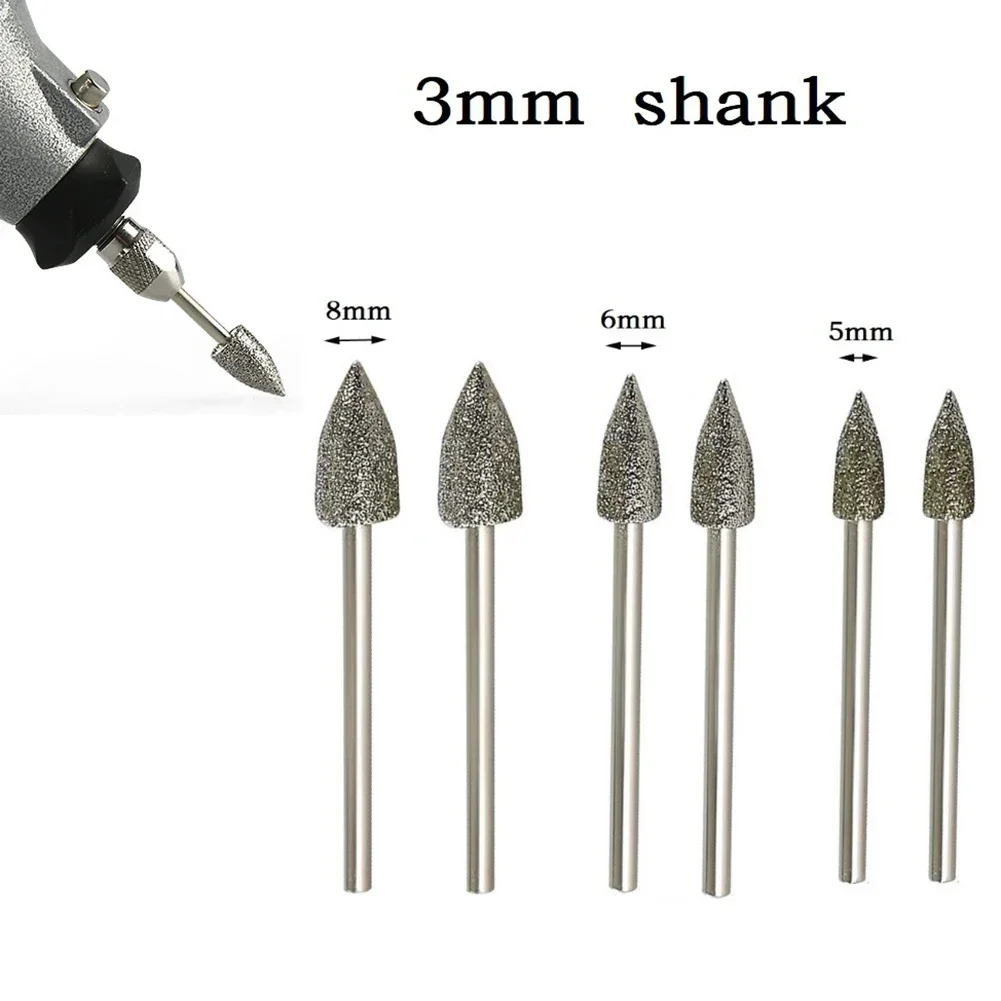 2Pcs Diamond Grinding Head Electroplating Drill Polishing Bit 5/6/8mm 3mm Shank For Stone Marble Carving Electric Grinder Tools