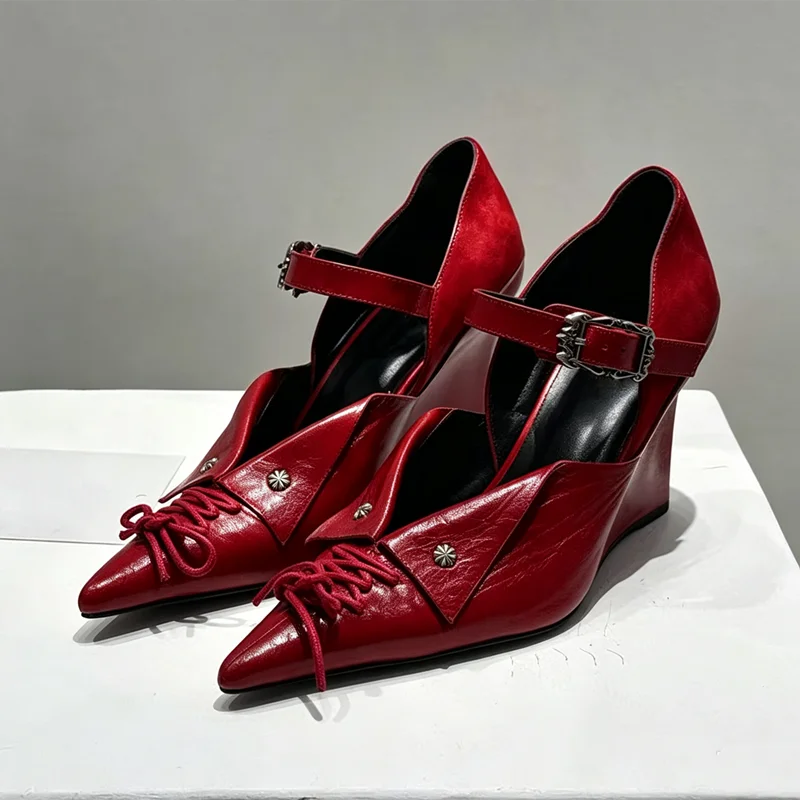Sexy Pointed-toe Wedge High Heels for Ladies Turned-over Edge Strap Design Women Pumps Metal Belt Buckle Detail Mary Jane Shoes