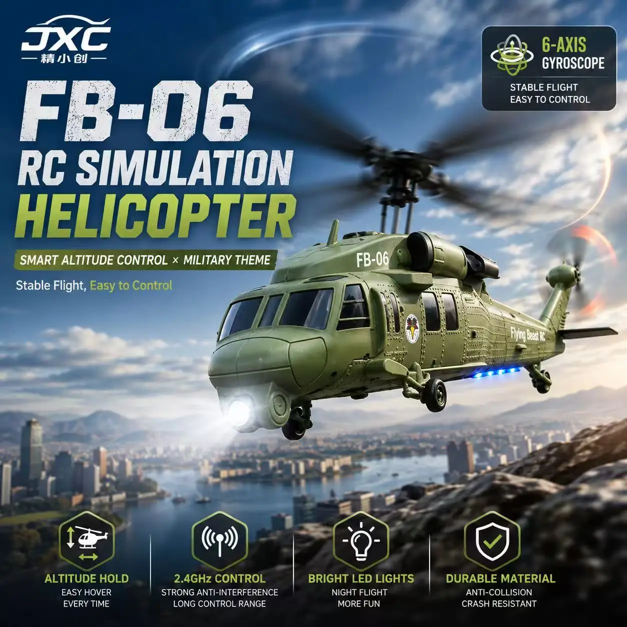 Black Hawk FB‑06 RC 4‑CH Single‑Rotor Helicopter, Optical Flow Positioning, Simulation Combat Model Toy Gift