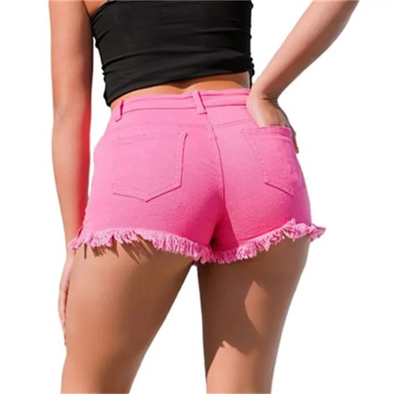 Frauen Sommer Split Quaste Hose Beine Jeans shorts Vintage gebrochene Löcher Dreiviertel hose weibliche lässige Mini-Jeans mit hoher Taille – Detail 7