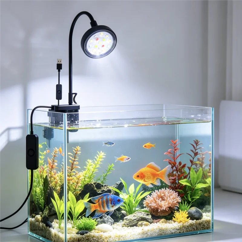 Luz de Aquário com Adaptador LED, Luz USB de Espectro Completo Pequena para Tanque de Peixes, 360 ° Iluminação Rotativa