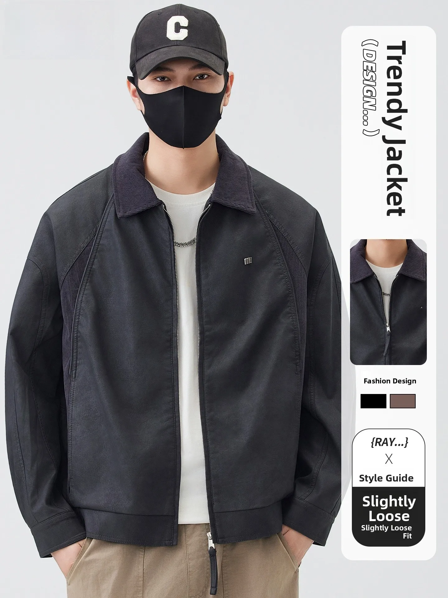 

High-End American Sle PU Leather Jaet Men's Spring Autumn Loose Workwear Outerwear Casual Faion Stand Fit Zipper