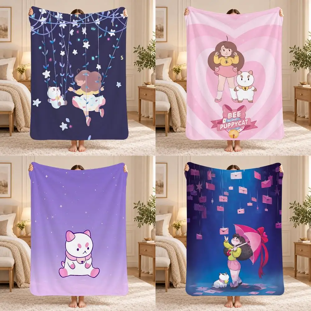 Cartoon Bee And Puppycat Throw 240g Lightweight Flannel Blanket, Soft Skin Throw Blanket for Sofa Bedroom