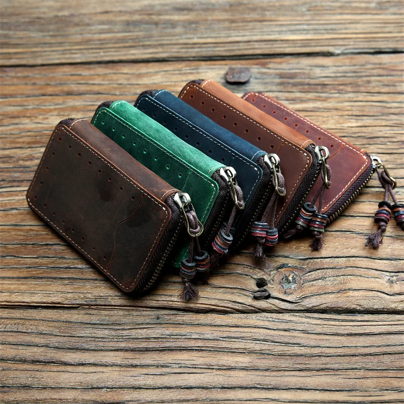 100% Genuine Leather Key Wallet Men Car Key Holder Retro Key Bag Men Purse Vintage Housekeeper Keychain Cowhide Card Holder Case