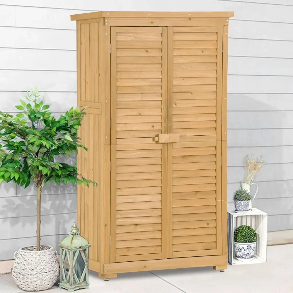 Outdoor Storage Shed with Floor, Wooden Storage Cabinet Waterproof, Garden Tool Shed with 3-Tier Shelves, Outside Vertical,