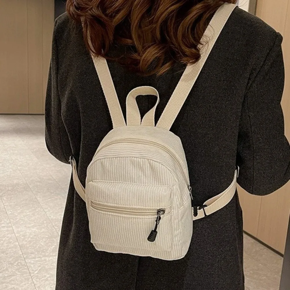 Retro Solid Color Corduroy Mini Backpack Lightweight Zipper Double Shoulder Bag Multi Pocket Vintage Daypack Casual Travel