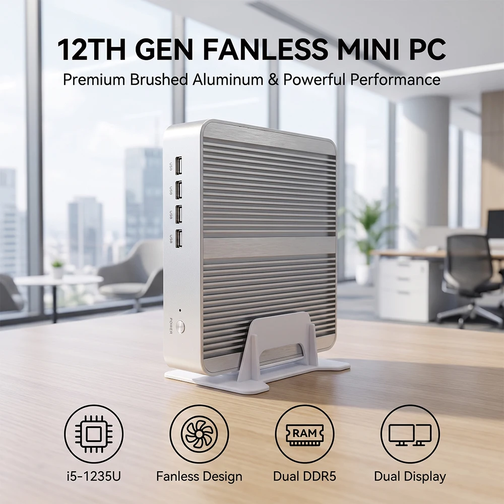 EGLOBAL Intel i5-1235U Mini PC Fanless 10C/12T 4.4GHz All-Aluminum Silent DDR5 2xSODIMM M.2 SSD VGA/HDMI Dual Screen