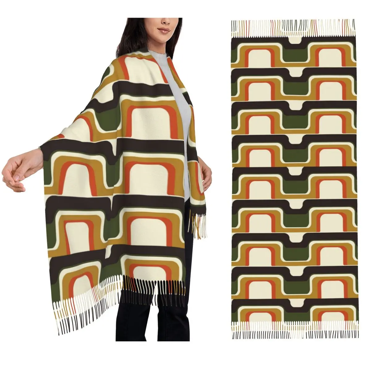 

Современный шарф середины века встречает 1970-х годов, шарфы с кисточками, женские мягкие теплые шали и накидки, длинная осенне-зимняя шаль