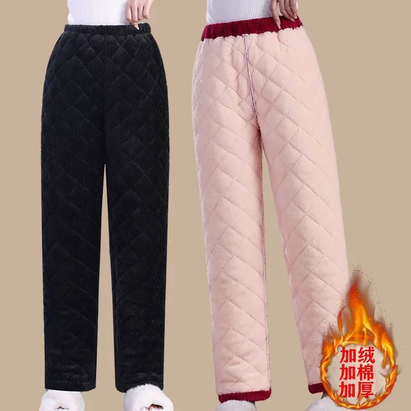 Women Thicken Flannel Cotton Pants Winter High Waist Warm Homewear Elastic Waist Loose Casual Straight Quilted Cotton Trousers
