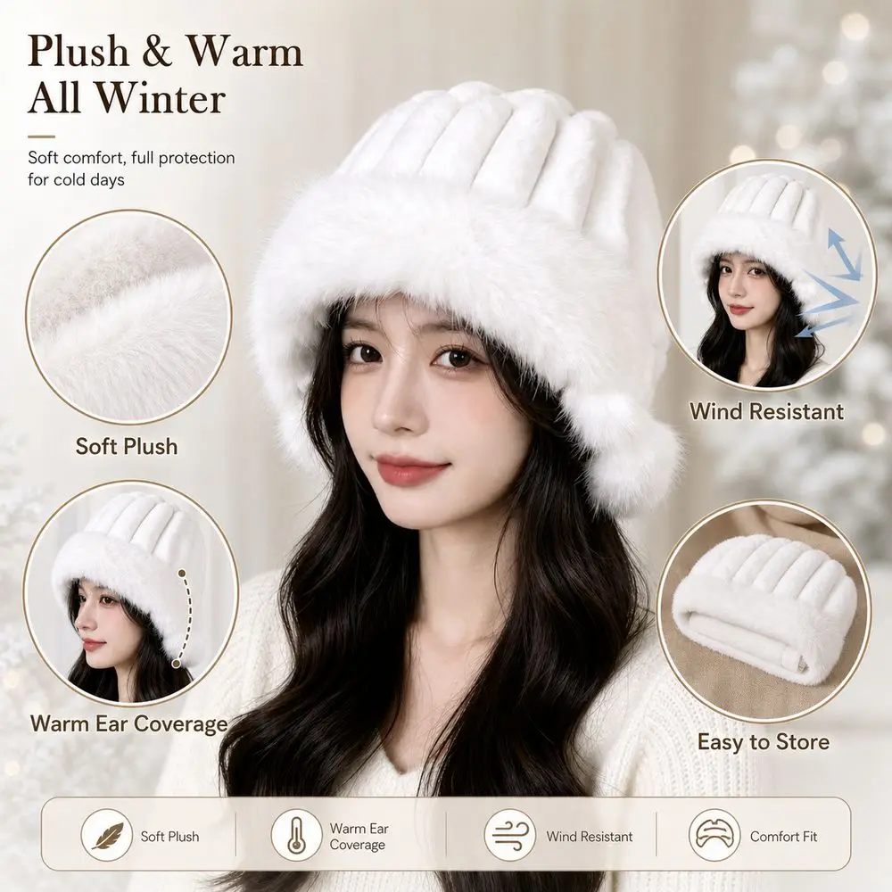 New Faux Fur Faux Fur Bucket Hat Ribbed Crown Wide Brim Cloche Cap Warm Soft Texture Furry Brim Hat Winter Wear
