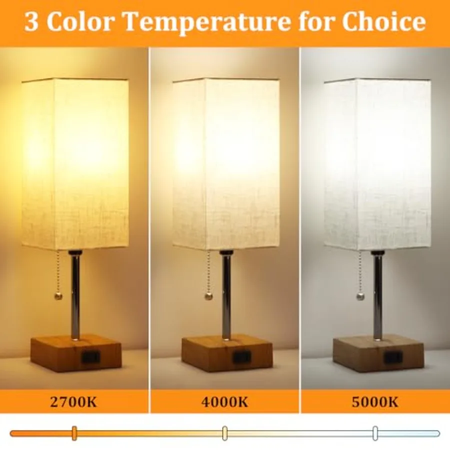 Table Lamp for Bedroom set of 2, 3-Color Bedside Lamps with Pull Chain Table Lamps for Nightstand with AC Outlets, Small Night