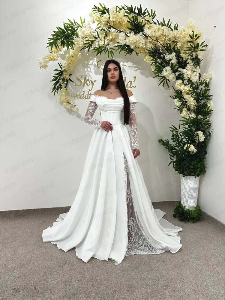 Elegant Wedding Dresses Off Shoulder Lace Sleeve Slit Bride Dress A-Line White Satin Bridal Gown Customized vestidos de novia