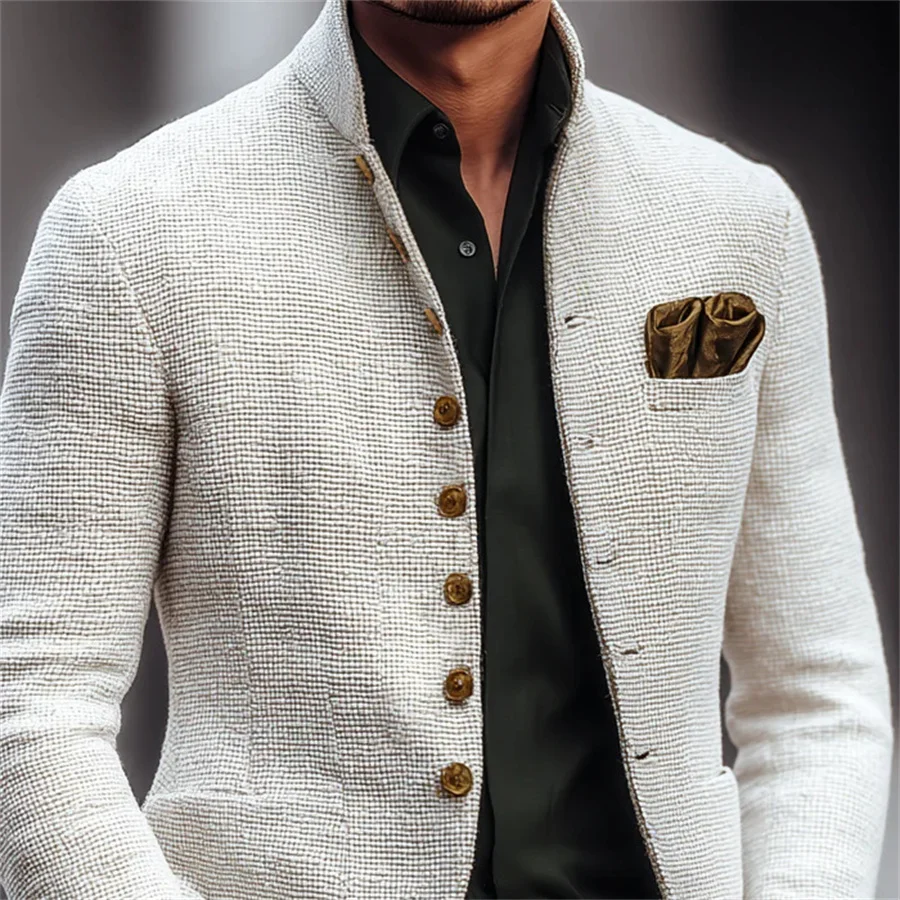 Retro Stand Collar Mens Jacket Coat Spring Long Sleeve Button-up Casual Outerwear Men Stylish Solid Color Slim Textured Jackets