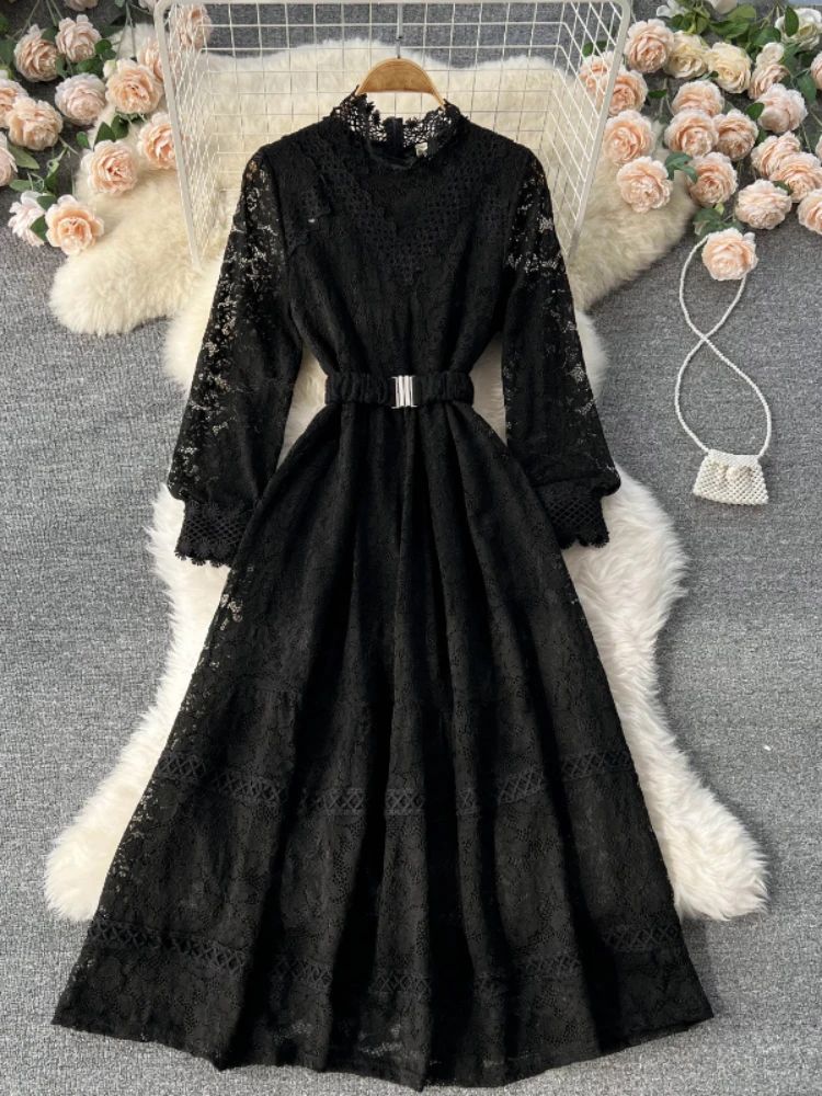 Elegant Lace Dress Women Spring Autumn New Round Neck Long Sleeve Vintage Embroidery Long Dresses Ladies Temperament Party Dress