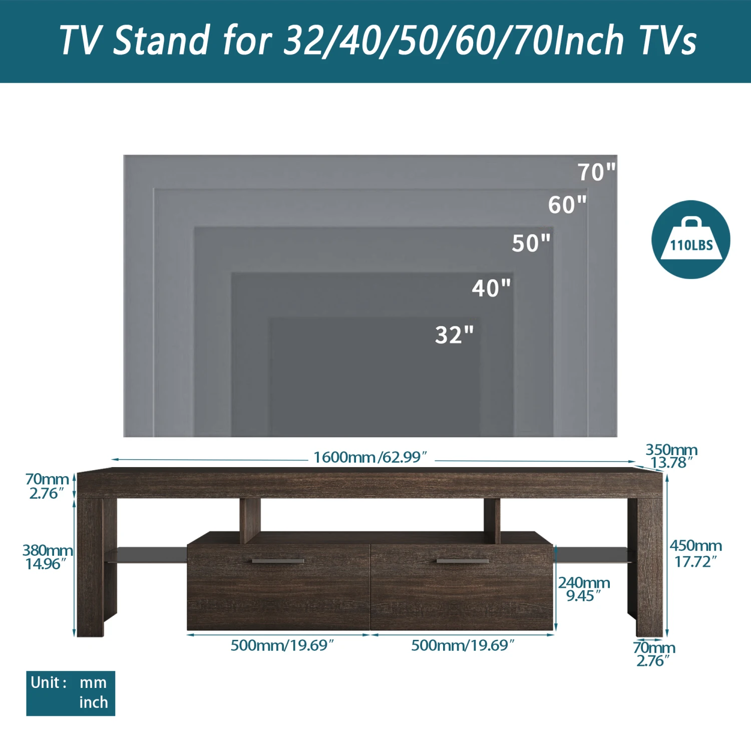 20-Minuten-Schnellmontage, brauner, einfacher, moderner TV-Ständer mit Ablage aus gehärtetem Glas, Bodenschrank, Boden-TV-Wandschrank, Braun